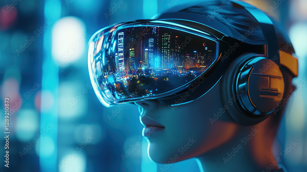 Immersive VR Experience: Cityscape Reflected in Futuristic Headset Immersive VR Experience: Cityscape Reflected in Futuristic Headset