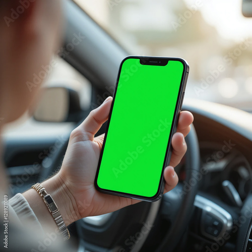 Hands holding a smartphone with a green mock-up screen inside a car, with a sharp foreground and blurred background, symbolizing technology and mobility.