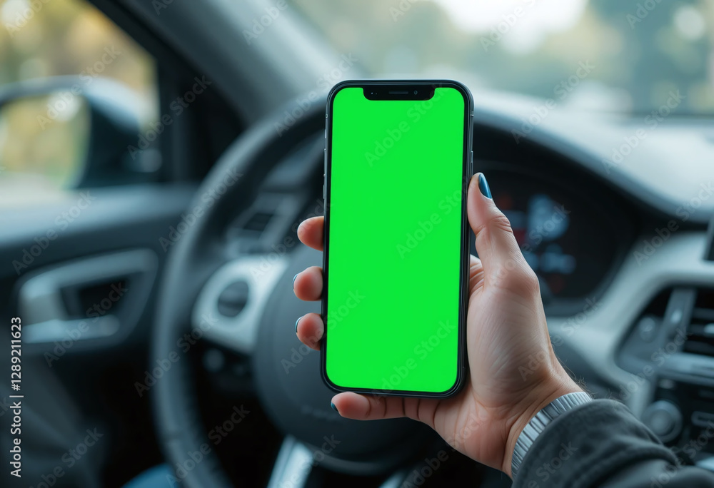 Hands holding a smartphone with a green mock-up screen inside a car, with a sharp foreground and blurred background, symbolizing technology and mobility. Hands holding a smartphone with a green mock-up screen inside a car, with a sharp foreground and blurred background, symbolizing technology and mobility.