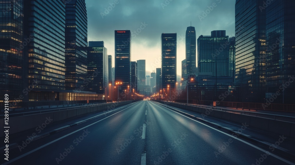The urban skyline rises in the soft light of dawn, while an empty road stretches ahead, a silent promise of a city awakening to new possibilities. The urban skyline rises in the soft light of dawn, while an empty road stretches ahead, a silent promise of a city awakening to new possibilities.