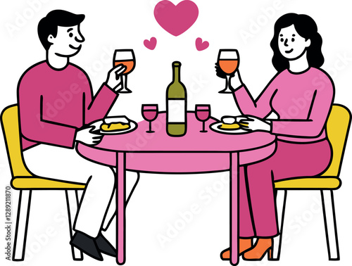 Romantic Evening. Couple Sitting at Dinner Table Drinking Wine