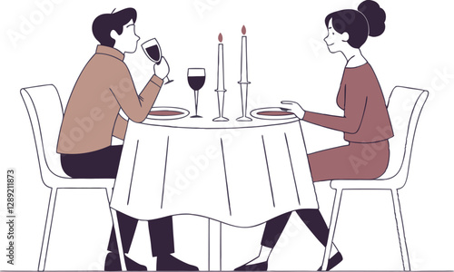 Romantic Evening. Couple Sitting at Dinner Table Drinking Wine