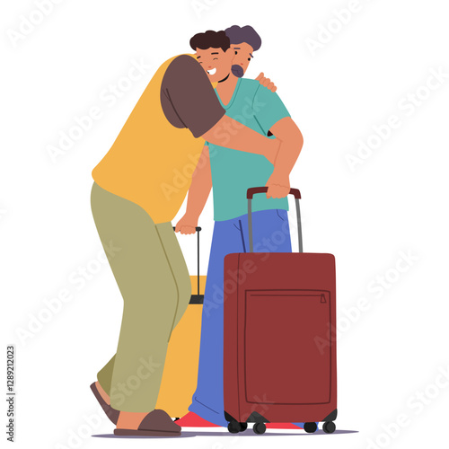Cheerful father meeting hugging son after long separation celebrating reunion cartoon characters