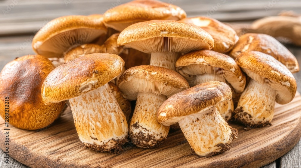 A fresh bunch of Shimeji mushrooms beautifully arranged on a wooden cutting board, showcasing their delicate, clustered form and earthy tones, perfect for culinary presentations. A fresh bunch of Shimeji mushrooms beautifully arranged on a wooden cutting board, showcasing their delicate, clustered form and earthy tones, perfect for culinary presentations.