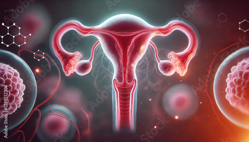 Detailed anatomical illustration of the female reproductive system highlighting ovaries, uterus, and surrounding cells in a scientific style