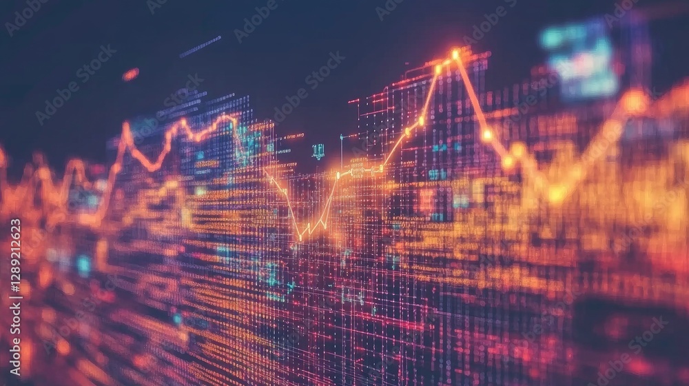 Fototapeta premium A futuristic D pie chart with metallic segments, spinning in mid-air over a dark background with digital lines and light beams, illustrating advanced data analytics.