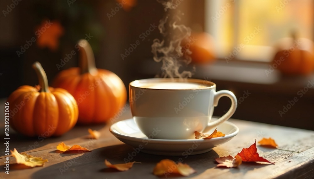 Fototapeta premium Cozy autumnal scene with steaming pumpkin spiced latte on wooden table, autumn, pumpkin, cozy