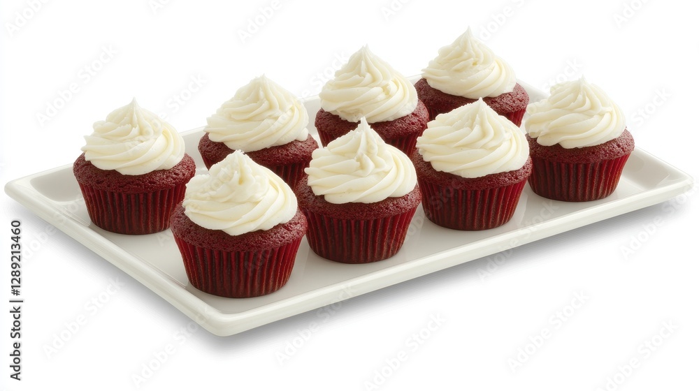 A gourmet presentation of mini red velvet cupcakes topped with cream cheese frosting, arranged on a stylish platter for a chic dessert display at a modern event. A gourmet presentation of mini red velvet cupcakes topped with cream cheese frosting, arranged on a stylish platter for a chic dessert display at a modern event.