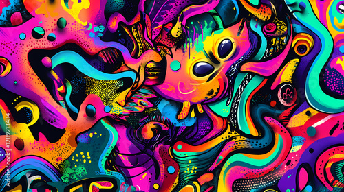Dynamic graffiti wall with bold patterns, splashes of neon colors, and abstract street art elements, perfect for a vibrant pop art-inspired background. Vibrant Street Graffiti Wall. Illustration