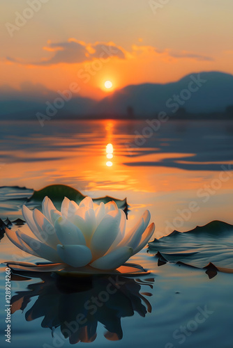 A radiant lotus flower floating on the water, bathed in the warm hues of the setting sun, creating a mesmerizing reflection of color and tranquility.