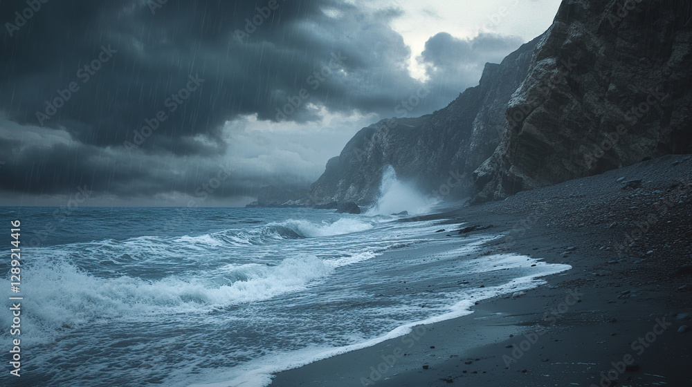 Dramatic ocean waves crash on a dark beach during a stormy rain. Dramatic ocean waves crash on a dark beach during a stormy rain.