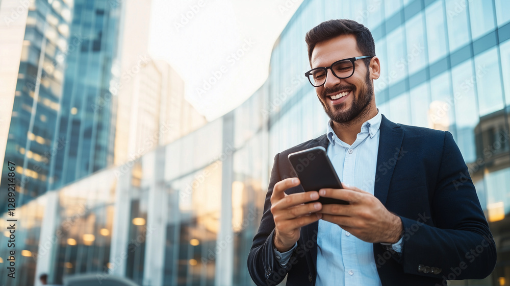 A successful businessman is walking through the city near a modern office building, holding a smartphone in his hands. He is smiling while using an app, typing messages, and browsi A successful businessman is walking through the city near a modern office building, holding a smartphone in his hands. He is smiling while using an app, typing messages, and browsi
