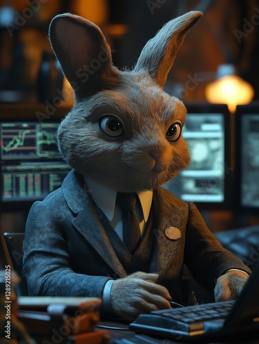Rabbit businessman analyzing financial data at desk.......