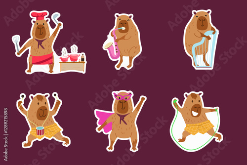 A set of funny capybara stickers. Cute capybara, capibara, capy, collection, different activities, musical instruments, hand drawn vector illustration.