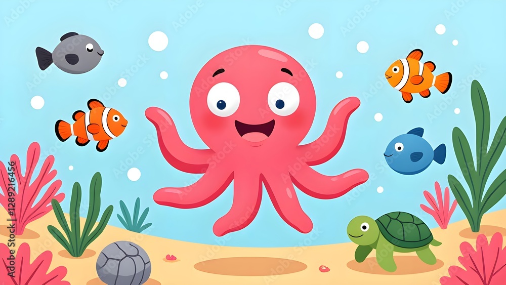 Fototapeta premium A wonderful adventure of cartoon marine life
