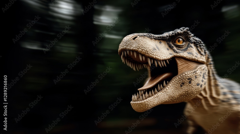 Dinosaur roaring in a dense forest setting with blurred background capturing a thrilling moment of prehistoric life Dinosaur roaring in a dense forest setting with blurred background capturing a thrilling moment of prehistoric life