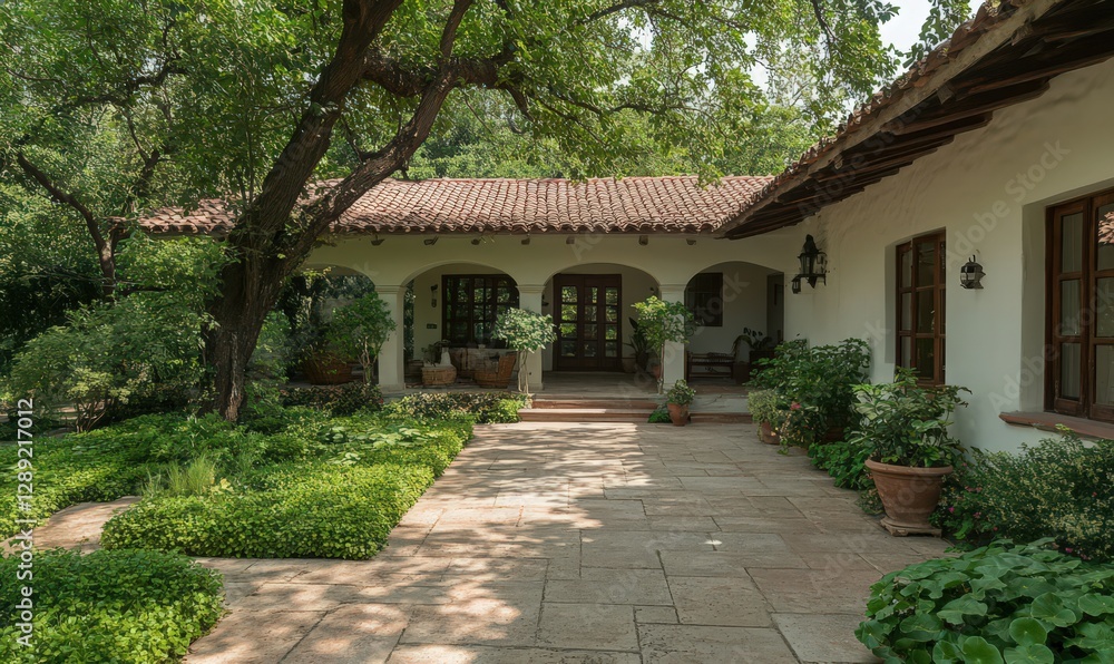 Sun-drenched courtyard of a Spanish-style home, featuring a stone pathway, lush greenery, and a shaded entryway Sun-drenched courtyard of a Spanish-style home, featuring a stone pathway, lush greenery, and a shaded entryway