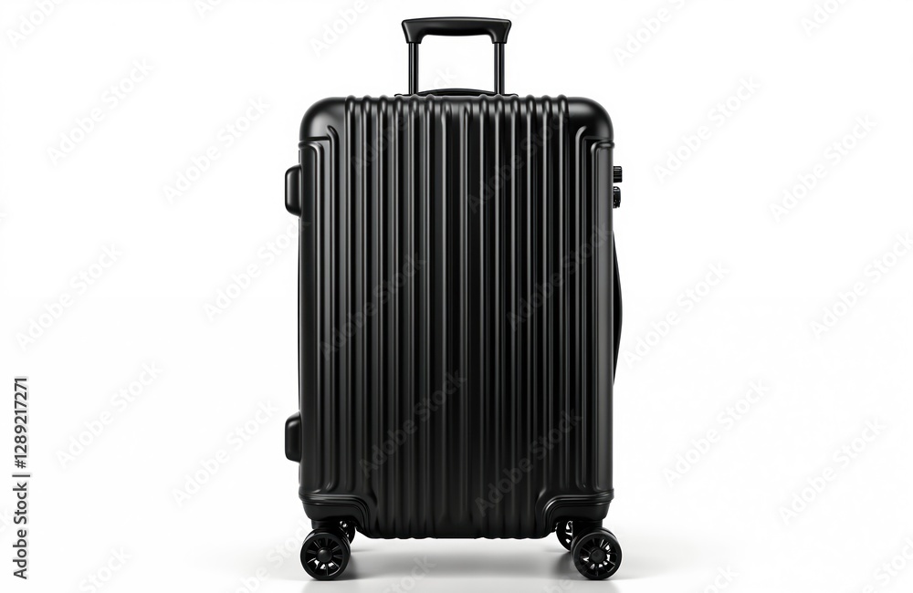 Black ridged suitcase isolated on white background. Vertical studio shot of luggage with handle, wheels. Plastic trolley case for business trip, family vacation holiday travel. Minimalist design, Black ridged suitcase isolated on white background. Vertical studio shot of luggage with handle, wheels. Plastic trolley case for business trip, family vacation holiday travel. Minimalist design,
