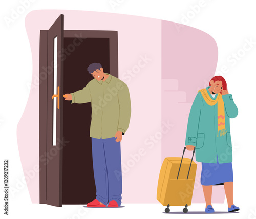 Upset husband sending off loving crying wife at home doorway, forced separation cartoon scene