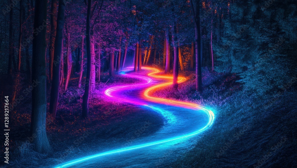 Fototapeta premium Enchanted Neon Forest Path: A Serene Nighttime Journey