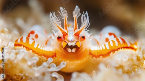 Barwny skorupiak z ozdobnymi wyrostkami ukryty wśród morskich organizmów