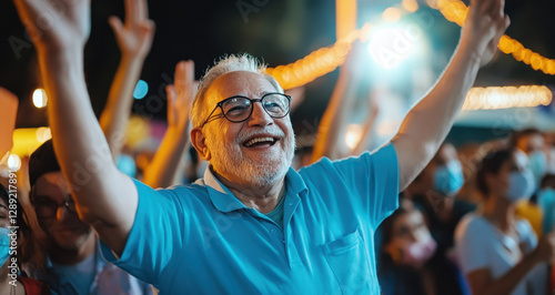 A lively gathering features a diverse group of people enjoying music, dancing, and sharing smiles in a festive nighttime atmosphere