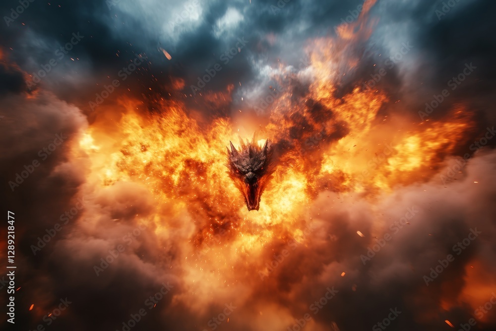 Naklejka premium Fiery dragon emerging from turbulent clouds with flames and smoke