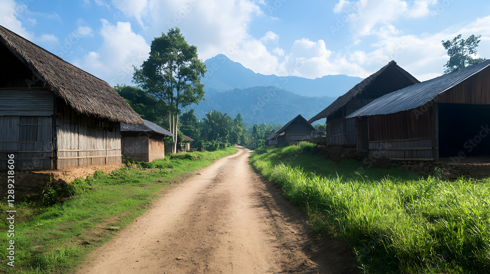 A scenic view of a rural pathway surrounded by traditional wooden houses, lush greenery, and majestic mountains in the background, ideal for evoking a sense of adventure and tranqu A scenic view of a rural pathway surrounded by traditional wooden houses, lush greenery, and majestic mountains in the background, ideal for evoking a sense of adventure and tranqu