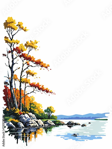 autumn landscape with river and trees decoration ornament with white area for insertion