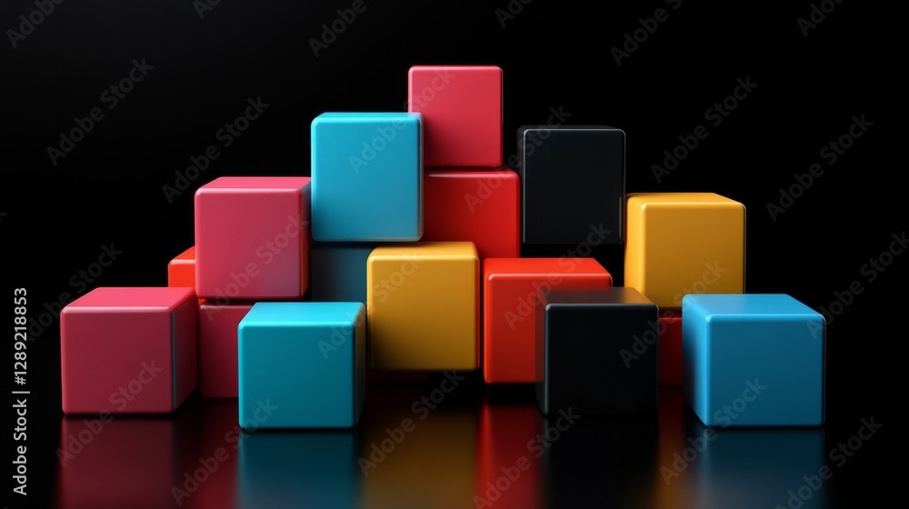 3D abstract geometric blocks in varying sizes, with shadow play and soft reflections, against a solid black background 3D abstract geometric blocks in varying sizes, with shadow play and soft reflections, against a solid black background