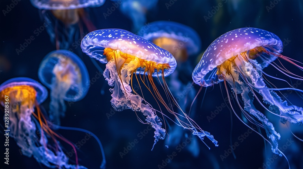 Fototapeta premium Grupa świecących meduz w głębinach oceanu