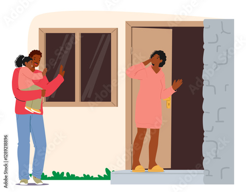 Wife gesturing goodbye to loving husband carrying little toddler daughter in arms cartoon scene
