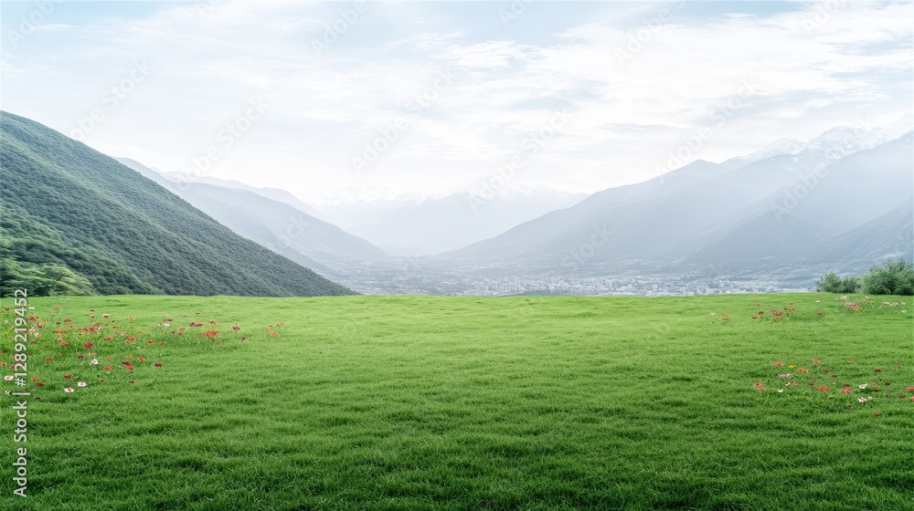 Obraz premium Lush green landscape with rolling hills under soft, cloudy sky