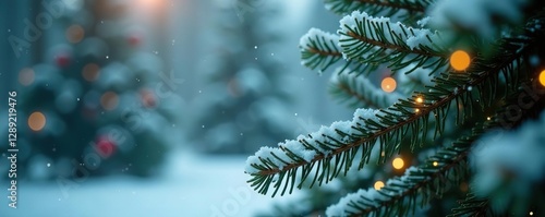 Frosty snowflakes fall gently on a serene pine tree, greenery, decorations, snow