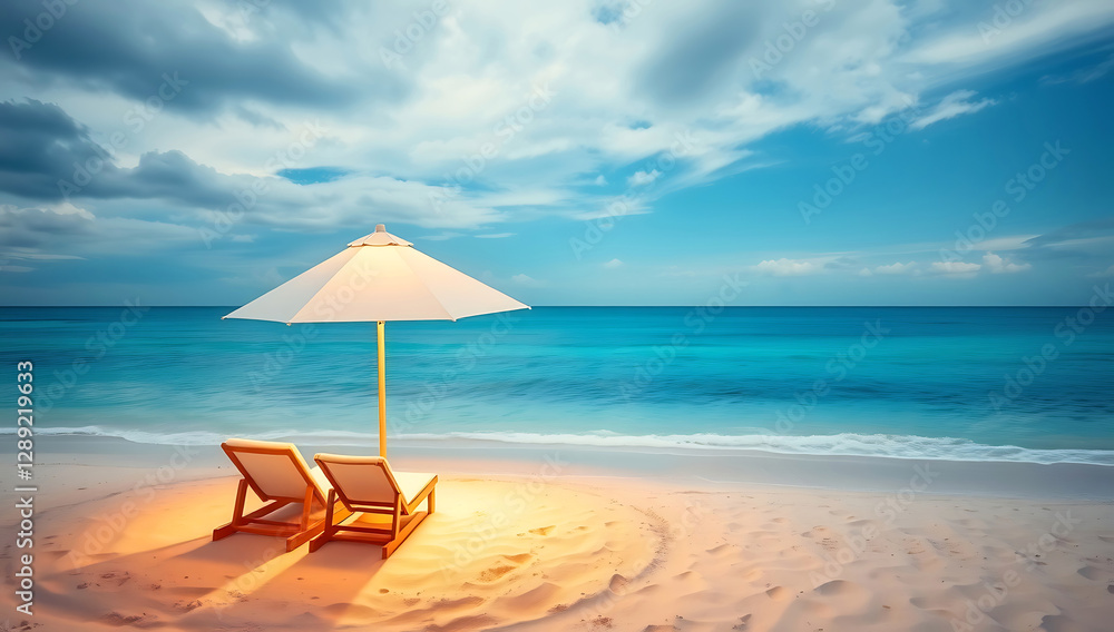 Intense dramatic weather, serene beach scene of sandy shoreline, two wooden lounge chairs with white cushions, large white beach umbrella,graceful and elegant, refined features. Intense dramatic weather, serene beach scene of sandy shoreline, two wooden lounge chairs with white cushions, large white beach umbrella,graceful and elegant, refined features.