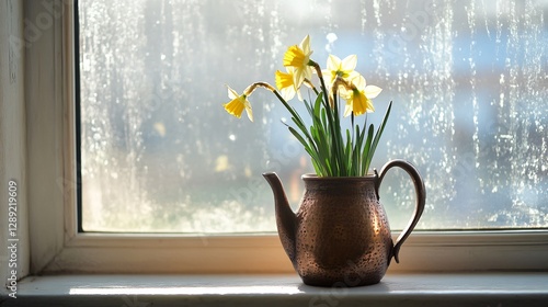 Wallpaper Mural A daffodil plant growing inside an aged copper teapot, sitting on a windowsill with soft morning light streaming through Torontodigital.ca