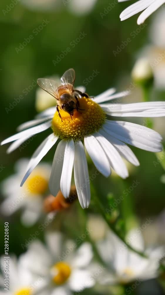 Bee on White Daisy Flower Collecting Pollen in a Field of Flowers Bee on White Daisy Flower Collecting Pollen in a Field of Flowers