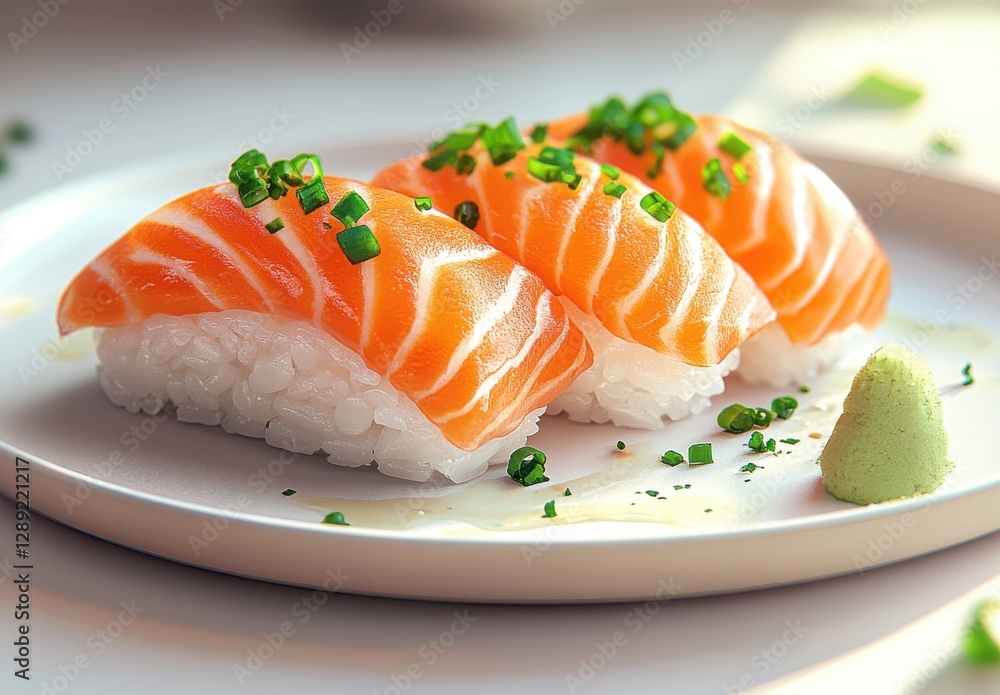 Fresh Salmon Nigiri Sushi with Topped Chopped Green Onions and Wasabi on a White Plate Captured in Soft Natural Light Fresh Salmon Nigiri Sushi with Topped Chopped Green Onions and Wasabi on a White Plate Captured in Soft Natural Light