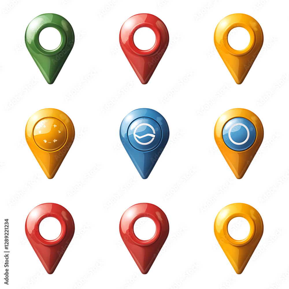 Nine colorful glossy map pointers. Nine colorful glossy map pointers.