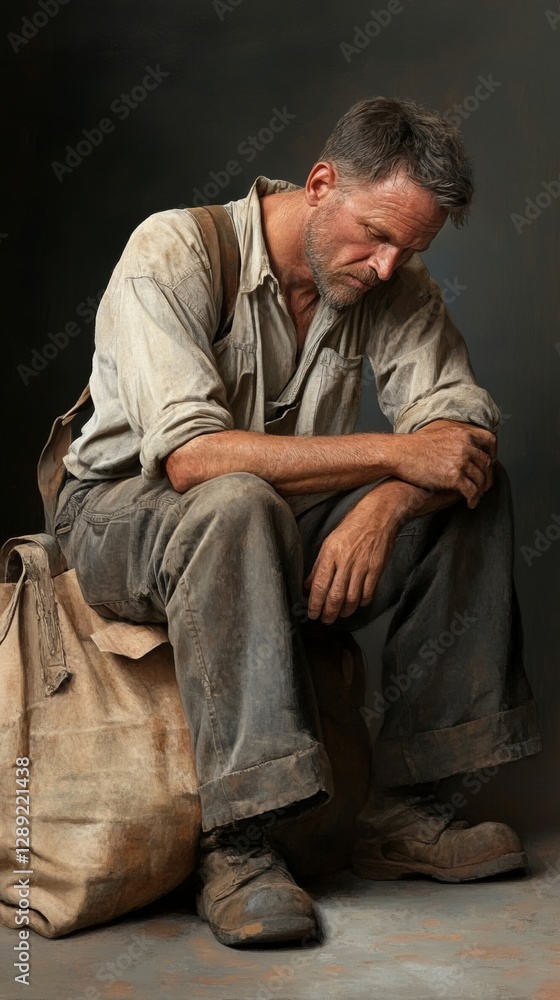 A reflective man seated on a canvas bag, showcasing a moment of contemplation in a cozy indoor setting during the late afternoon A reflective man seated on a canvas bag, showcasing a moment of contemplation in a cozy indoor setting during the late afternoon