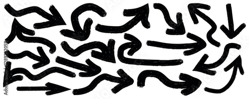 Various bold brush drawn curved arrows. Collection doodle marker thick arrows in different directions. Hand drawn vector direction pointers. Curved and wavy brush strokes with scratches.