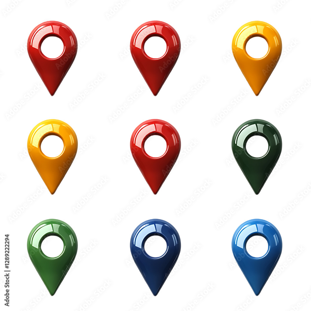 Nine glossy map pointers in various colors. Nine glossy map pointers in various colors.