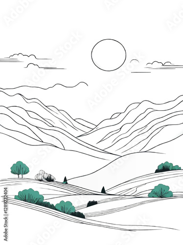 sketch landscape with mountains and scrubs vector cartoon illustration