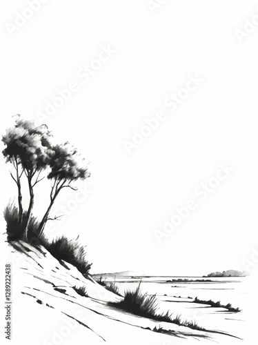 sketchy landscape with tree and seeside view decorative element with blank area for insertion