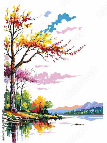 watercolor spring landscape with tree and river decoration vecor