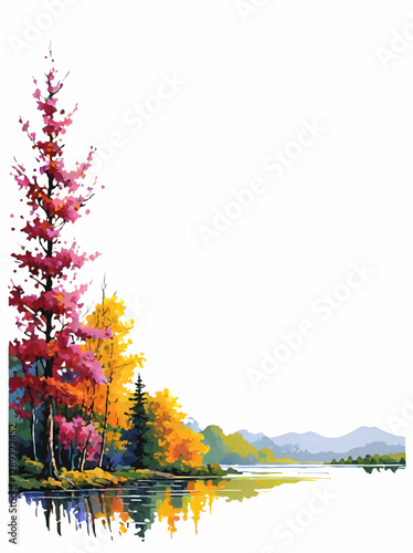 blooming trees and river landscape decorative ornament vector with white area for insertion