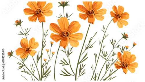 Orange Wildflowers Vector, Green Stems Botanical Art, Spring Floral Clipart, Nature Illustration, Meadow Blossoms, Rustic Flower Design, Hand-Drawn Flora,