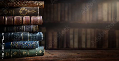 Photos Old books on wooden desk and ray of light.