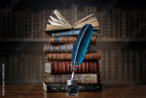 Wallpaper Mural Old books ,quill pen and vintage inkwell on wooden desk in old library. Conceptual background on history, education, literature topics. Torontodigital.ca