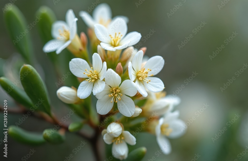 Close-up of native white flowers on tea tree plant. Blooming flora in Tasmania bush, Australia. Biodiversity of bushland, nature. Symbol of environmental conservation, botany research. Close-up of native white flowers on tea tree plant. Blooming flora in Tasmania bush, Australia. Biodiversity of bushland, nature. Symbol of environmental conservation, botany research.